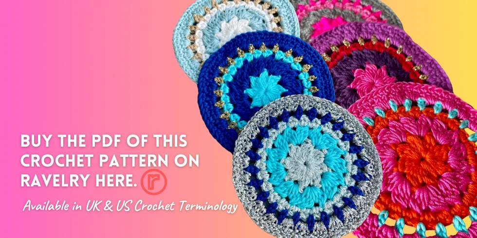 Graded pink to yellow background with 6 brightly coloured crochet coasters