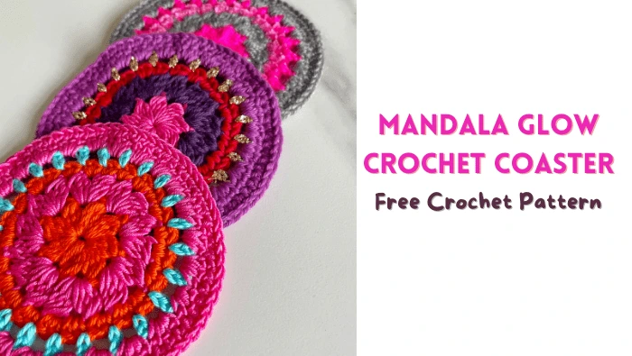 three pink, red and purple crochet coasters - mandala glow style. Free crochet coaster pattern.