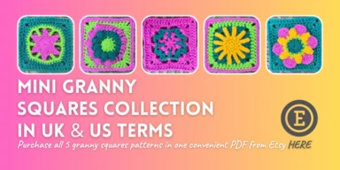 Click to buy button with images of the 5 mini granny squares collection to buy on Etsy