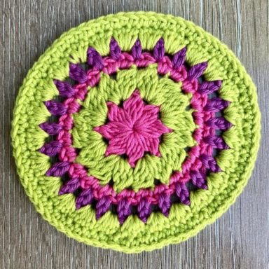 Brightly coloured crochet coaster with pink, purple and lime green