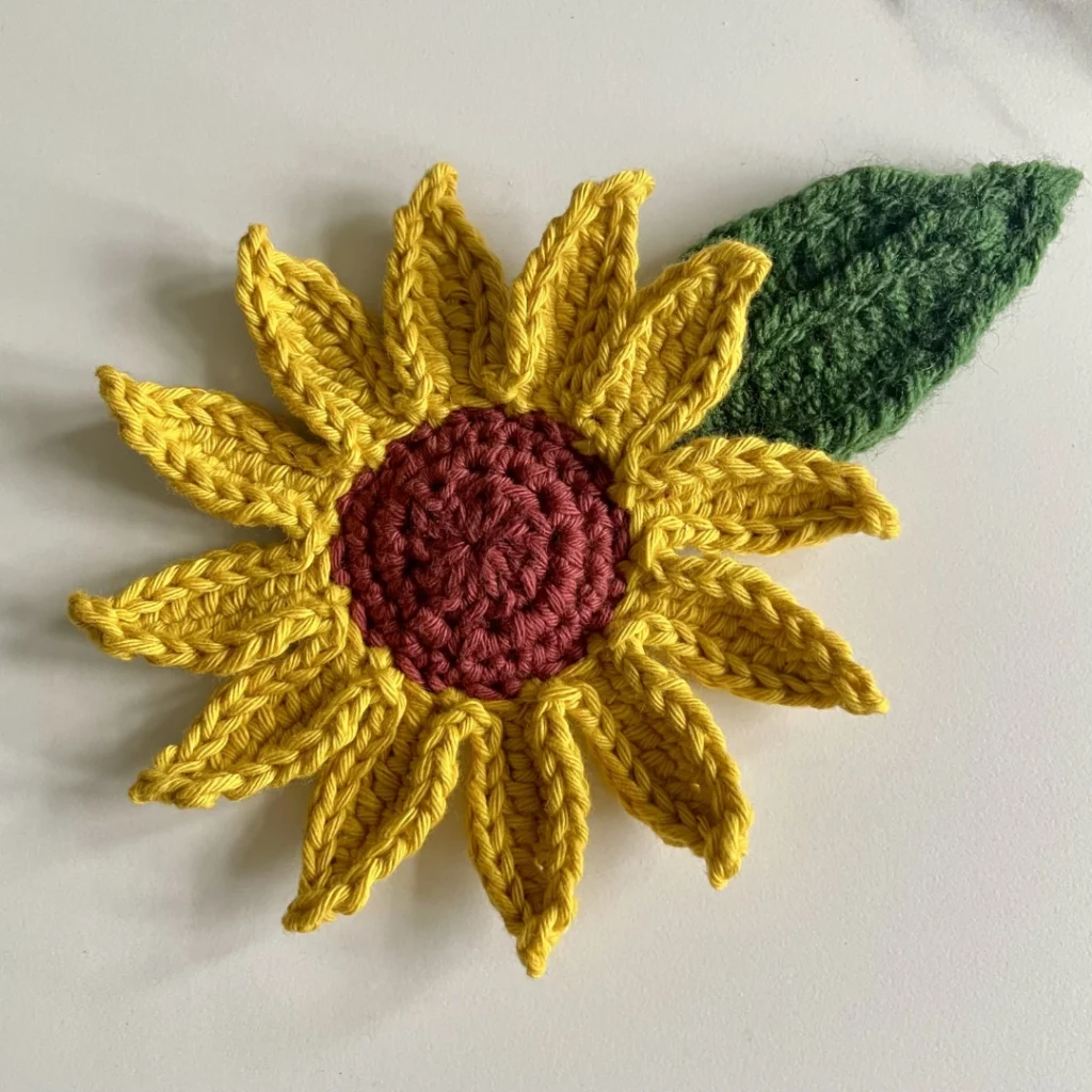 Crochet sunflower and leaf