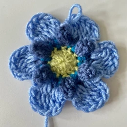Round 4. Crochet flower petals complete. Pale Green centre with 6 pale blue petals