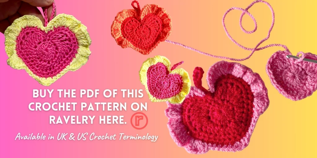 Pink background. Crochet hearts in red and pink with yellow and pink frill border