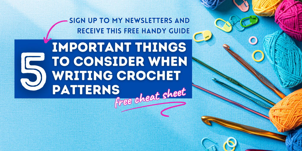 Scattered balls of wool, crochet stitch markers and crochet hooks in different colours on a blue background with a text banner overlay