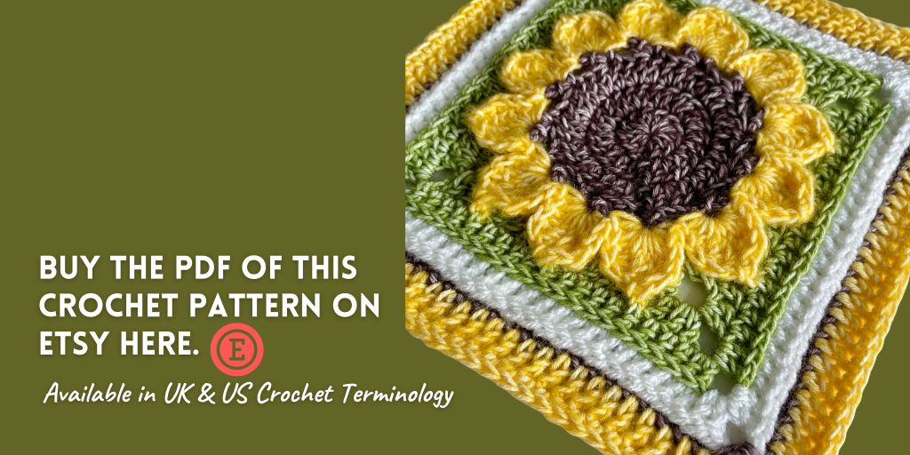 A button with a crochet sunflower square with an olive green background and white text overlay