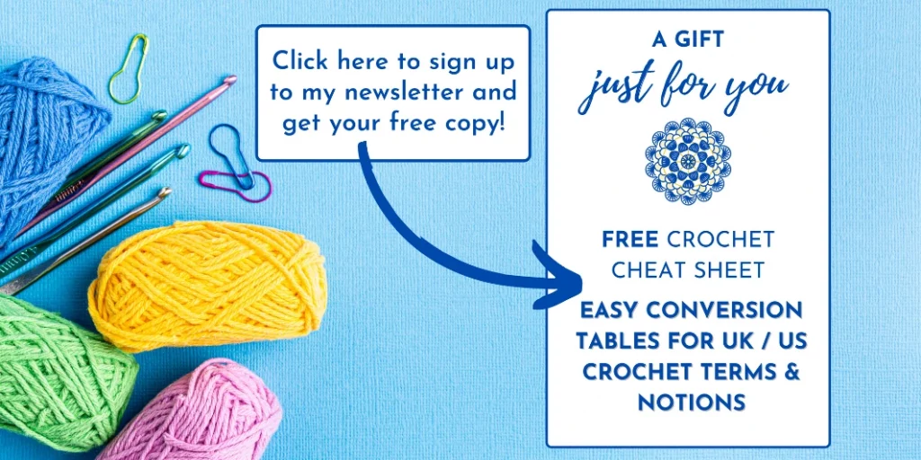 Some yarn, crochet hooks and stitch markers to the left on a blue background with some text offering a free terms and notions UK / US abbreviations cheat sheet