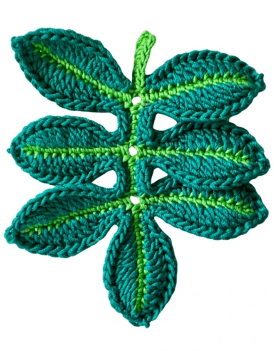 The finished crochet leaves stem free pattern in dark and bright green yarn.